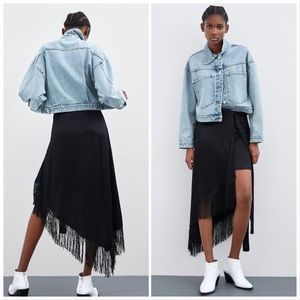 Zara Satin Effect Fringe Black Pareo Skirt